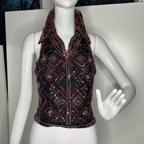 Beaded Side Zip Sz S Notch Collar Beaded Blouse - Picture 1 of 9
